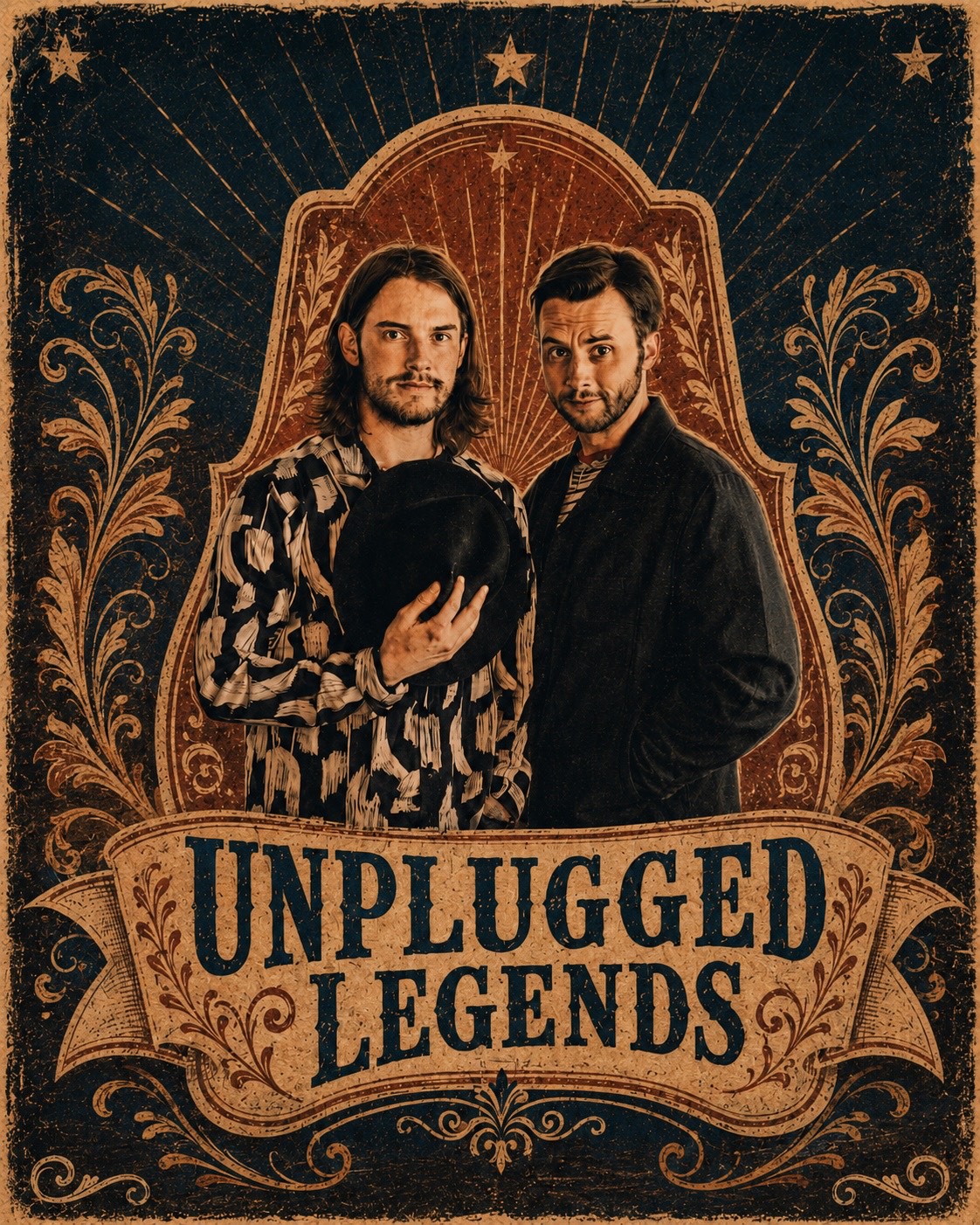 Vintage-style concert poster for Unplugged Legends, showing the two Murphy brothers framed by ornamental scrollwork above the act's wordmark.